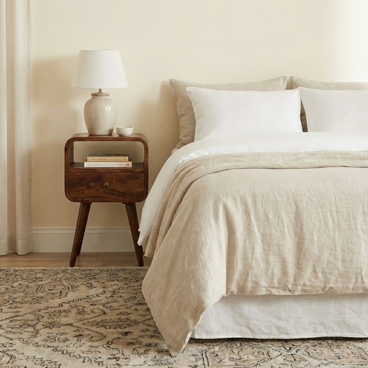 Mini Chestnut Curve Open Bedside styled as a side table in a home interior