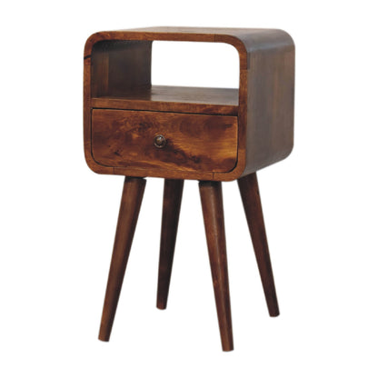 Right side view of Mini Chestnut Curve Open Bedside in solid mango wood with chestnut finish