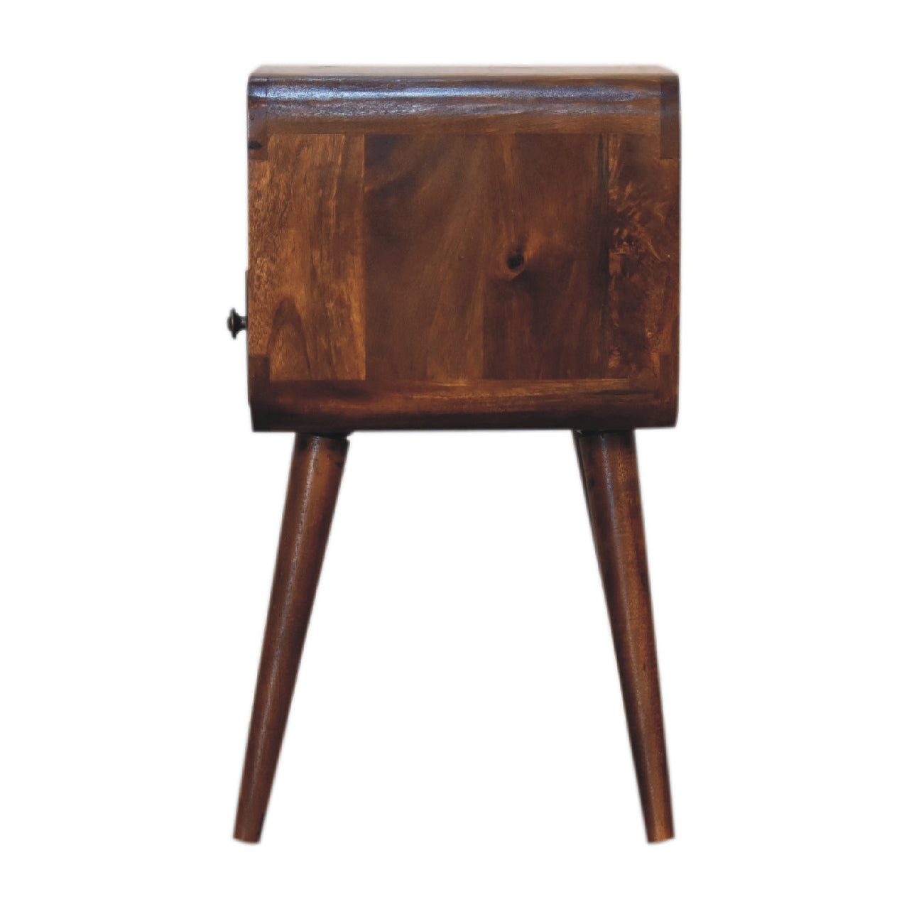 Side profile of Mini Chestnut Curve Open Bedside showing full height and Nordic legs