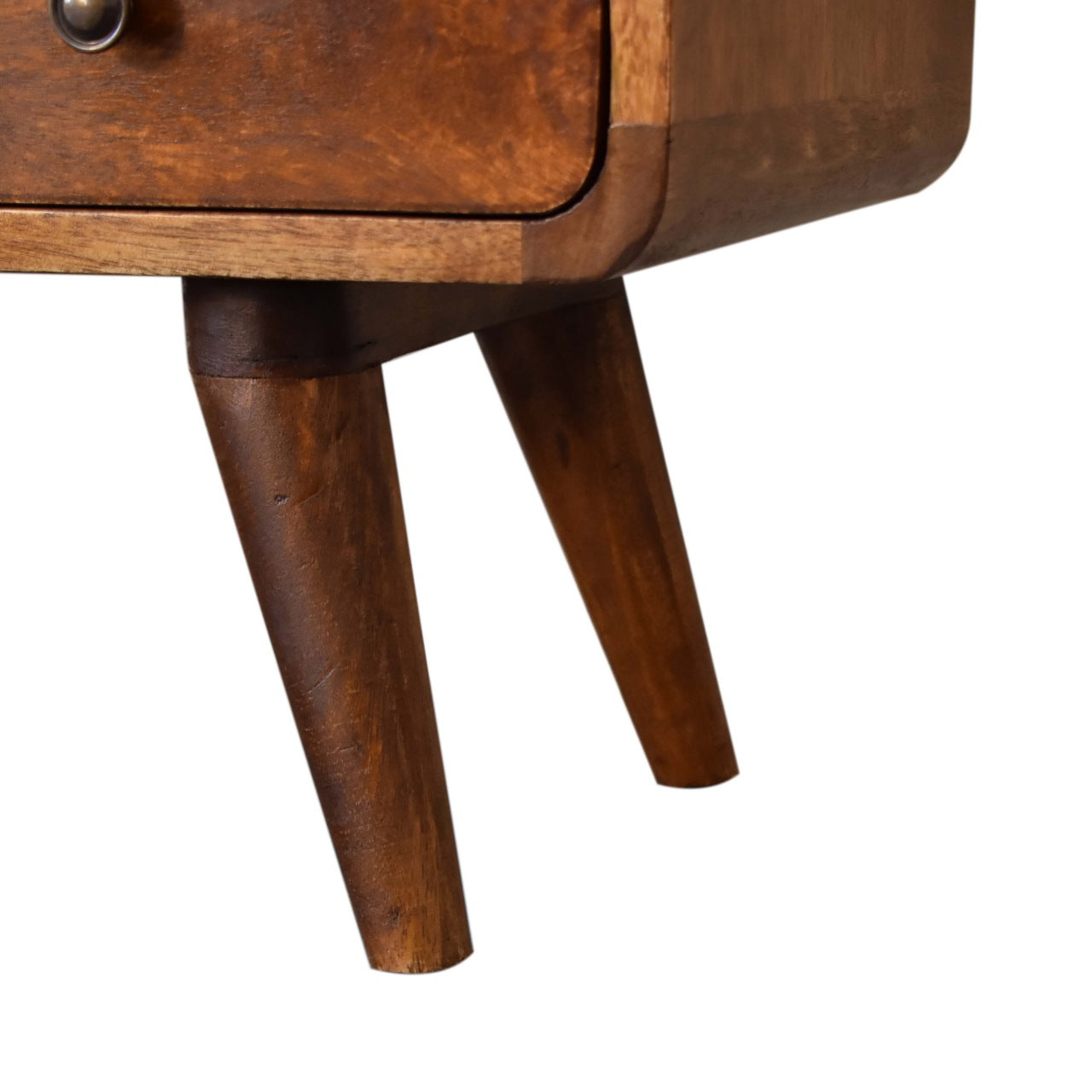 Lower right angle view of Mini Chestnut Curved Media Unit showing Nordic-style legs