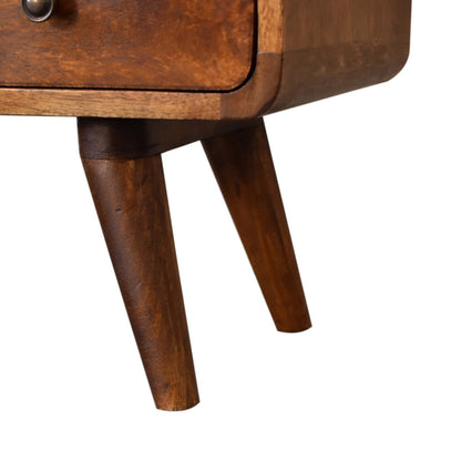 Lower right angle view of Mini Chestnut Curved Media Unit showing Nordic-style legs