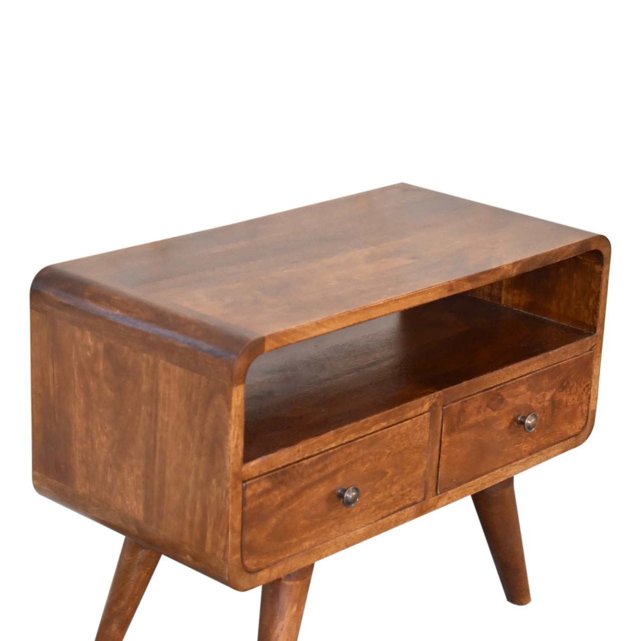 Upper left angle view of Mini Chestnut Curved Media Unit showing both drawers and open slot