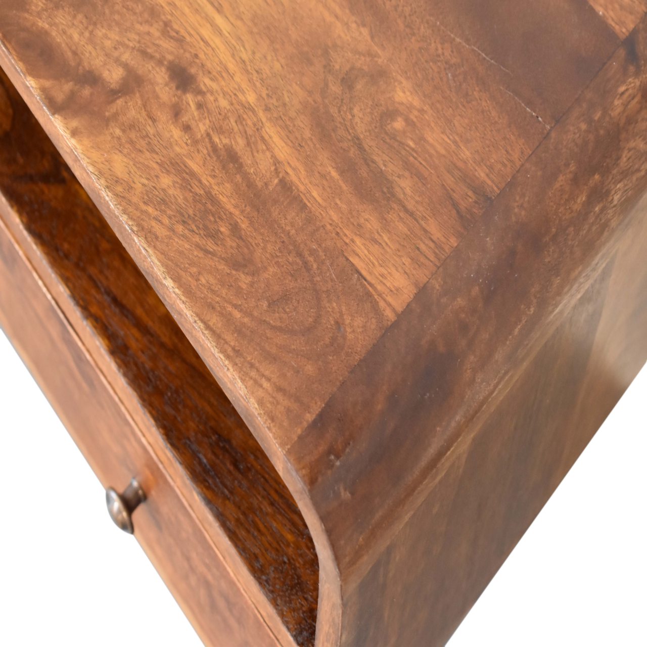 Upper right angle view of Mini Chestnut Curved Media Unit showing top surface and chestnut finish