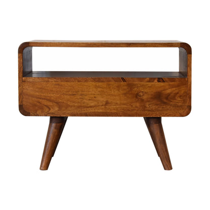Back view of Mini Chestnut Curved Media Unit in solid mango wood with chestnut finish