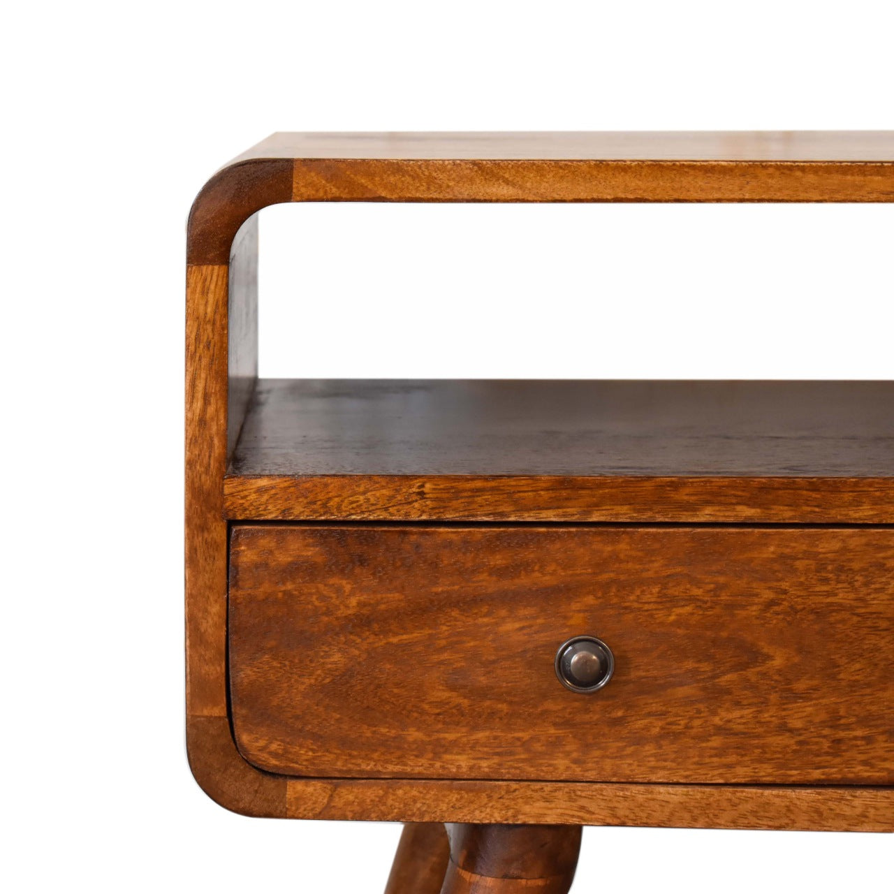 Close front view of Mini Chestnut Curved Media Unit showing drawer knob and curved edges