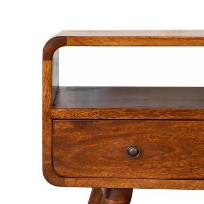 Close front view of Mini Chestnut Curved Media Unit showing drawer knob and curved edges