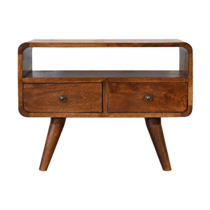 Front view of Mini Chestnut Curved Media Unit with 2 drawers and open slot