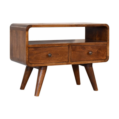 Left side view of Mini Chestnut Curved Media Unit in solid mango wood