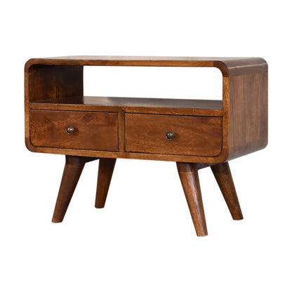 Right side view of Mini Chestnut Curved Media Unit with chestnut finish