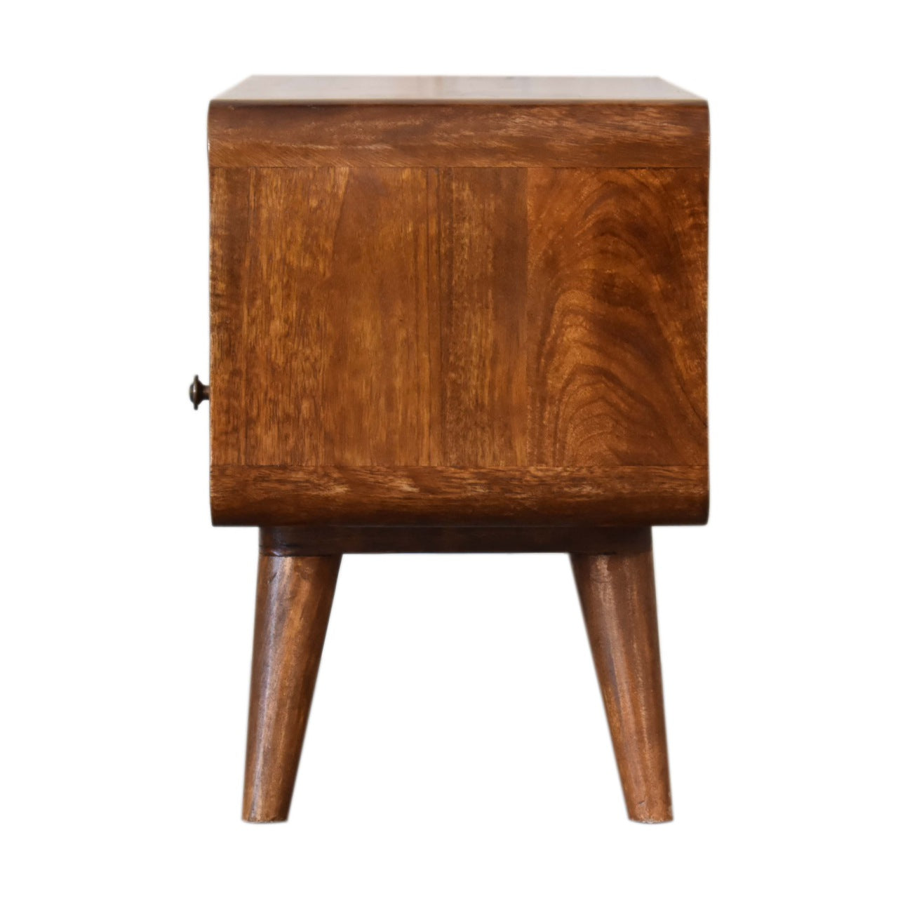 Side profile of Mini Chestnut Curved Media Unit showing full height and Nordic legs