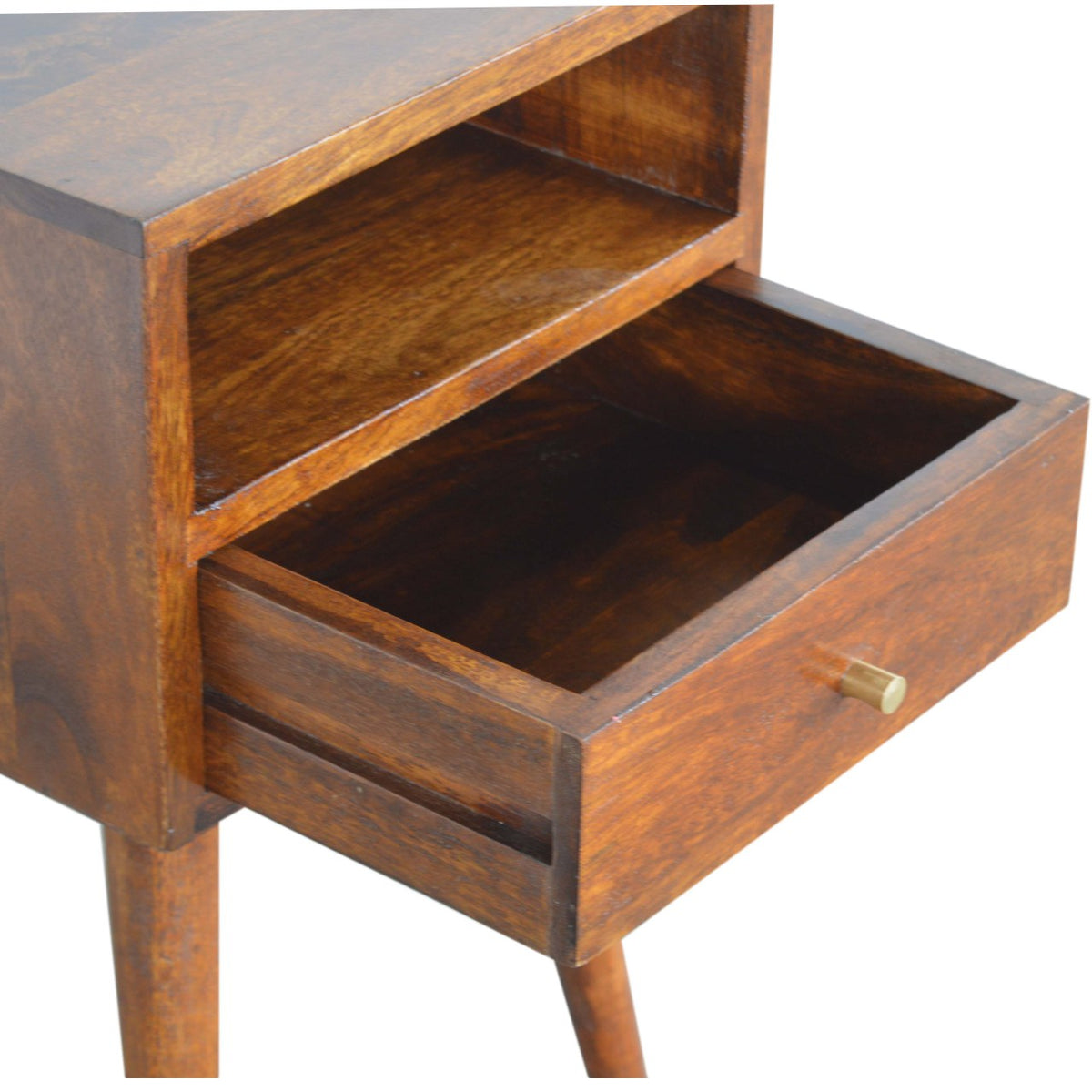 Wooden nightstand with a drawer on a white background