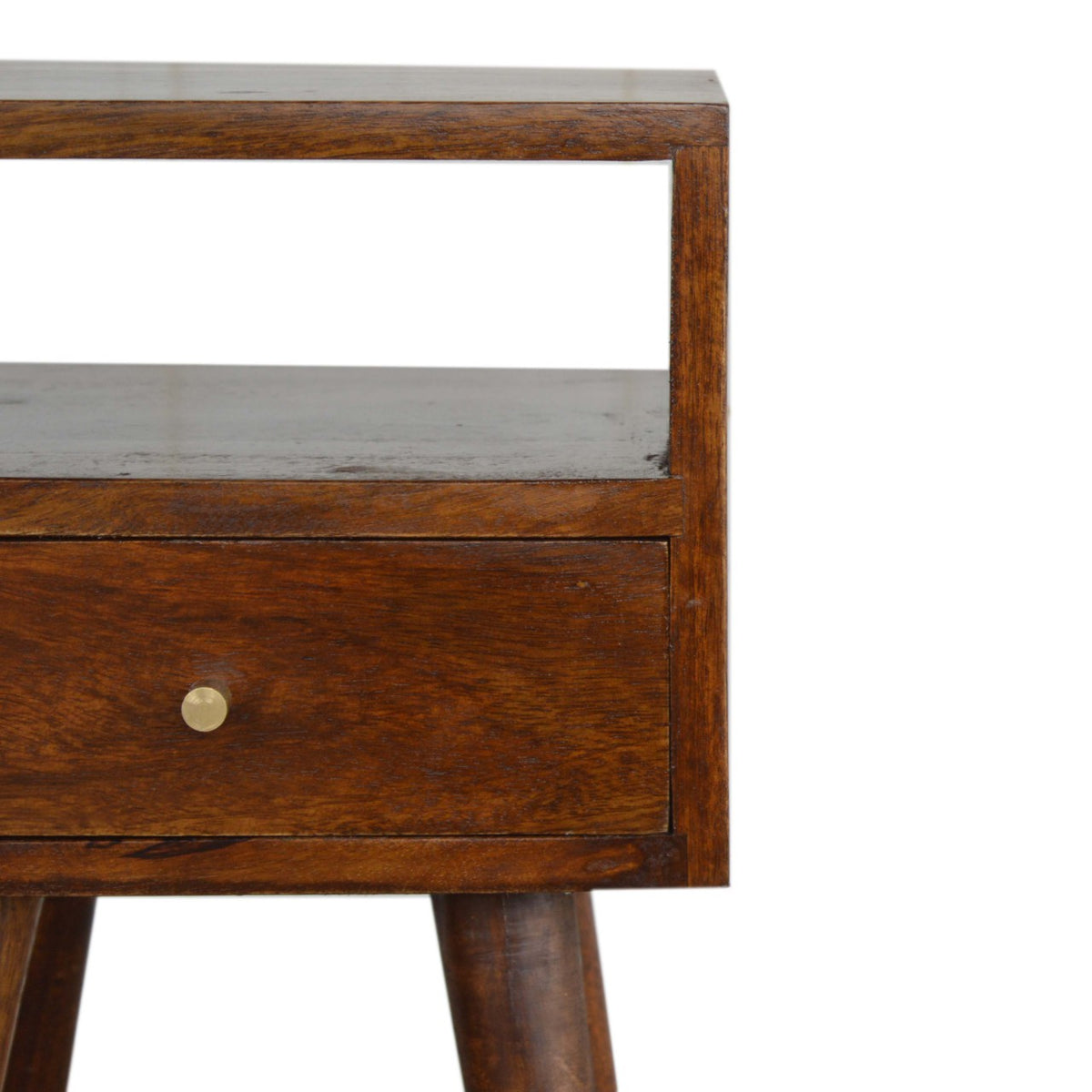 Wooden nightstand with a single drawer on a white background