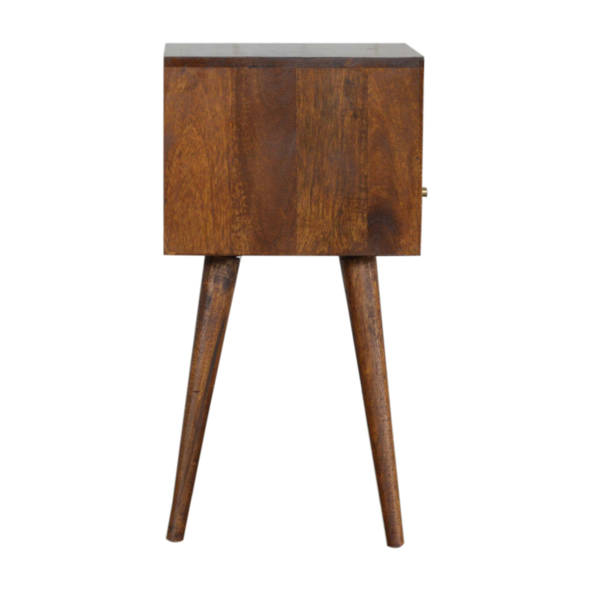 Wooden nightstand with a dark brown finish on a white background