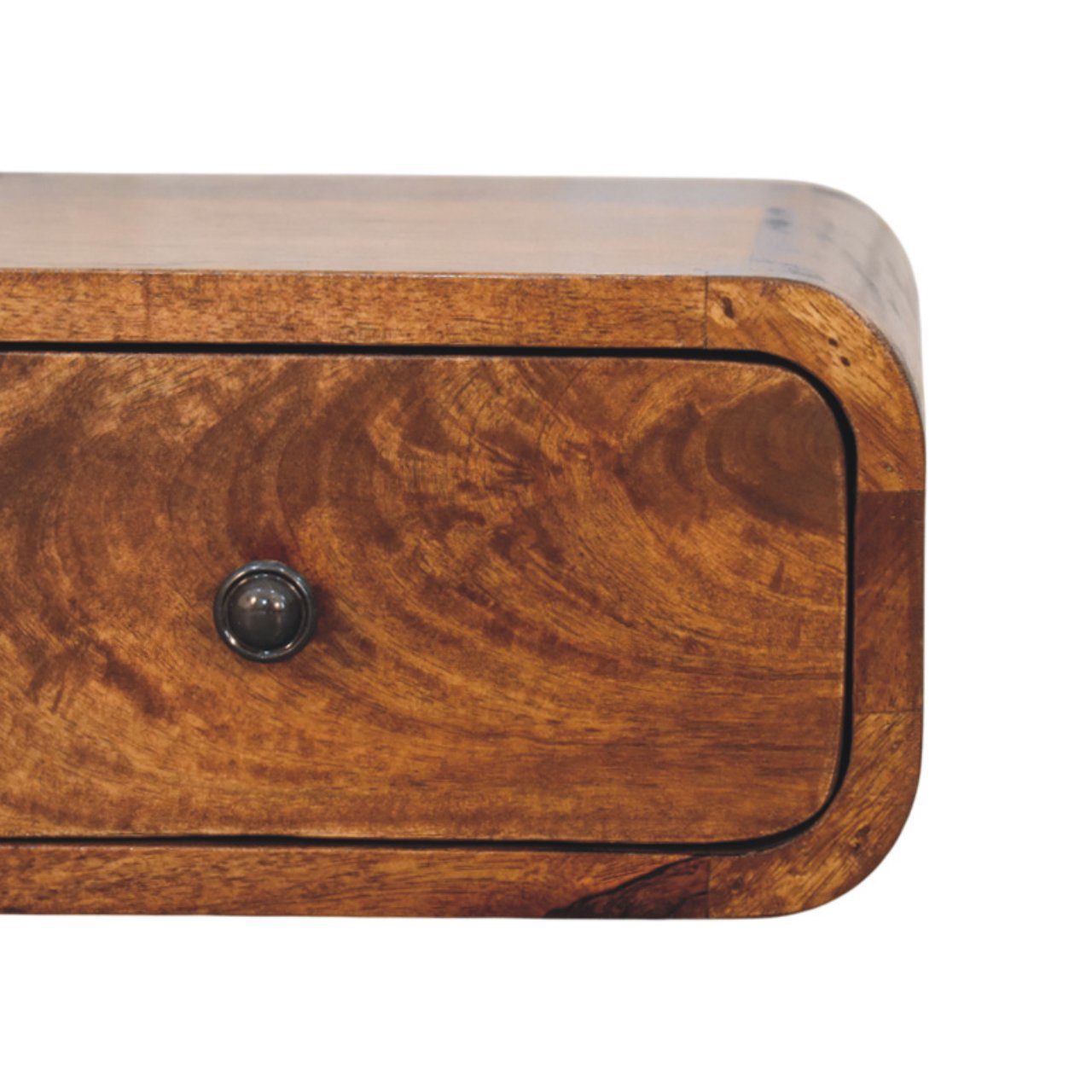 Close front right angle of Mini Wall-Mounted Chestnut Nightstand showing minimalistic knob and chestnut finish detail