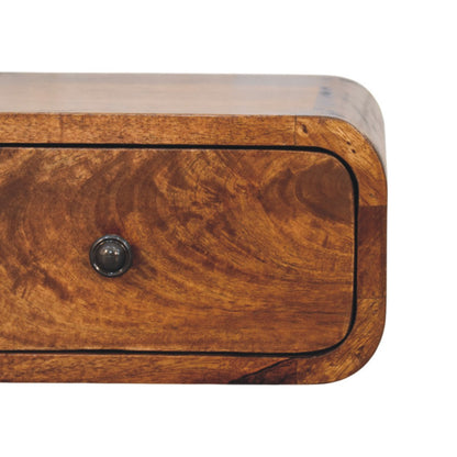 Close front right angle of Mini Wall-Mounted Chestnut Nightstand showing minimalistic knob and chestnut finish detail