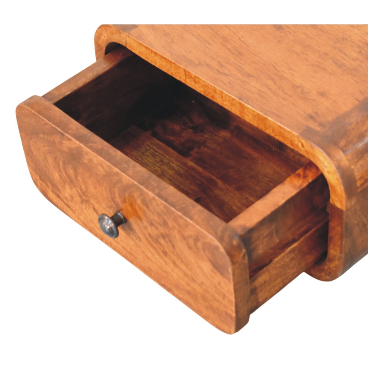 Close top right angle of Mini Wall-Mounted Chestnut Nightstand with drawer open showing interior storage