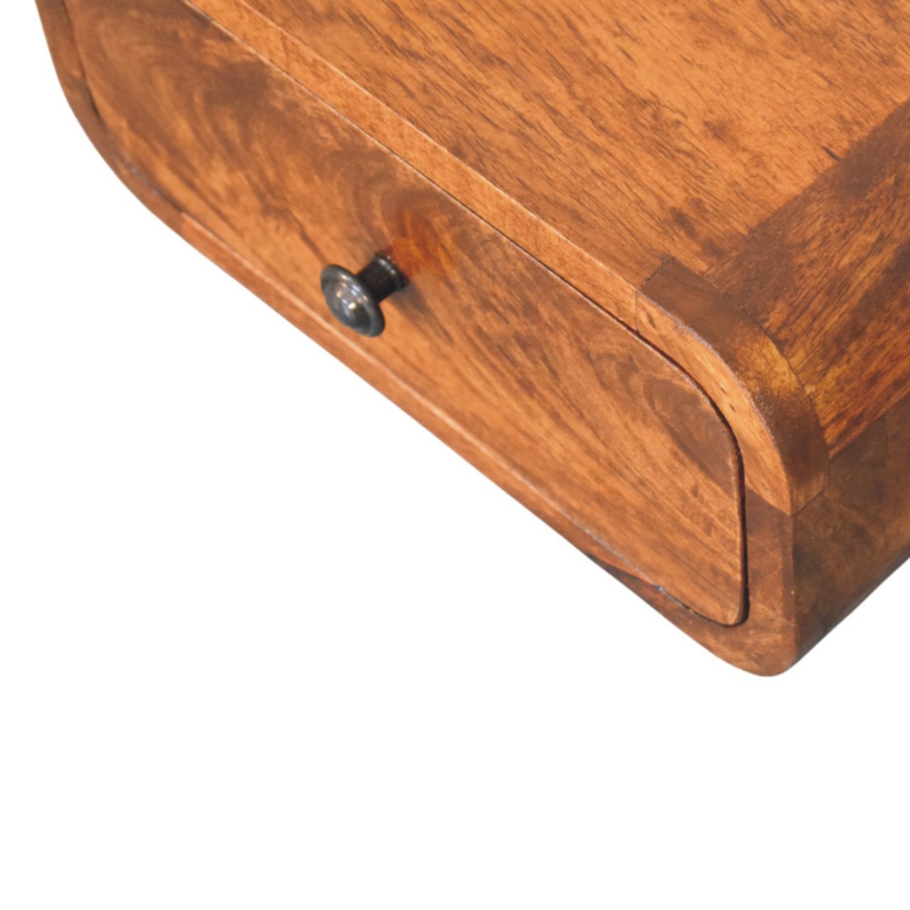 Close upper right angle of Mini Wall-Mounted Chestnut Nightstand showing smooth edges and chestnut finish