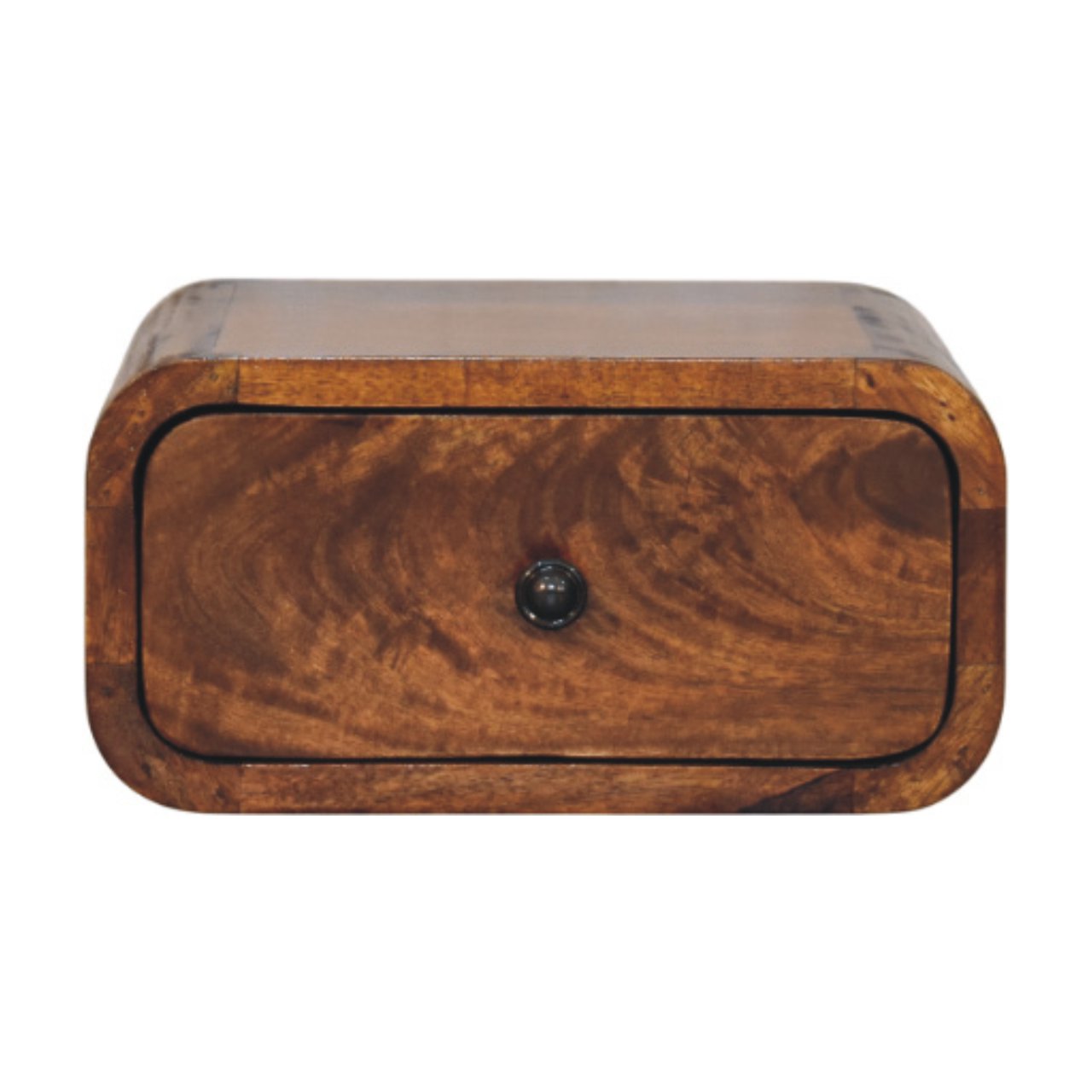 Front view of Mini Wall-Mounted Chestnut Nightstand showing drawer with minimalistic knob