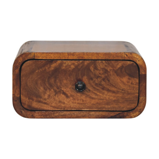 Front view of Mini Wall-Mounted Chestnut Nightstand showing drawer with minimalistic knob