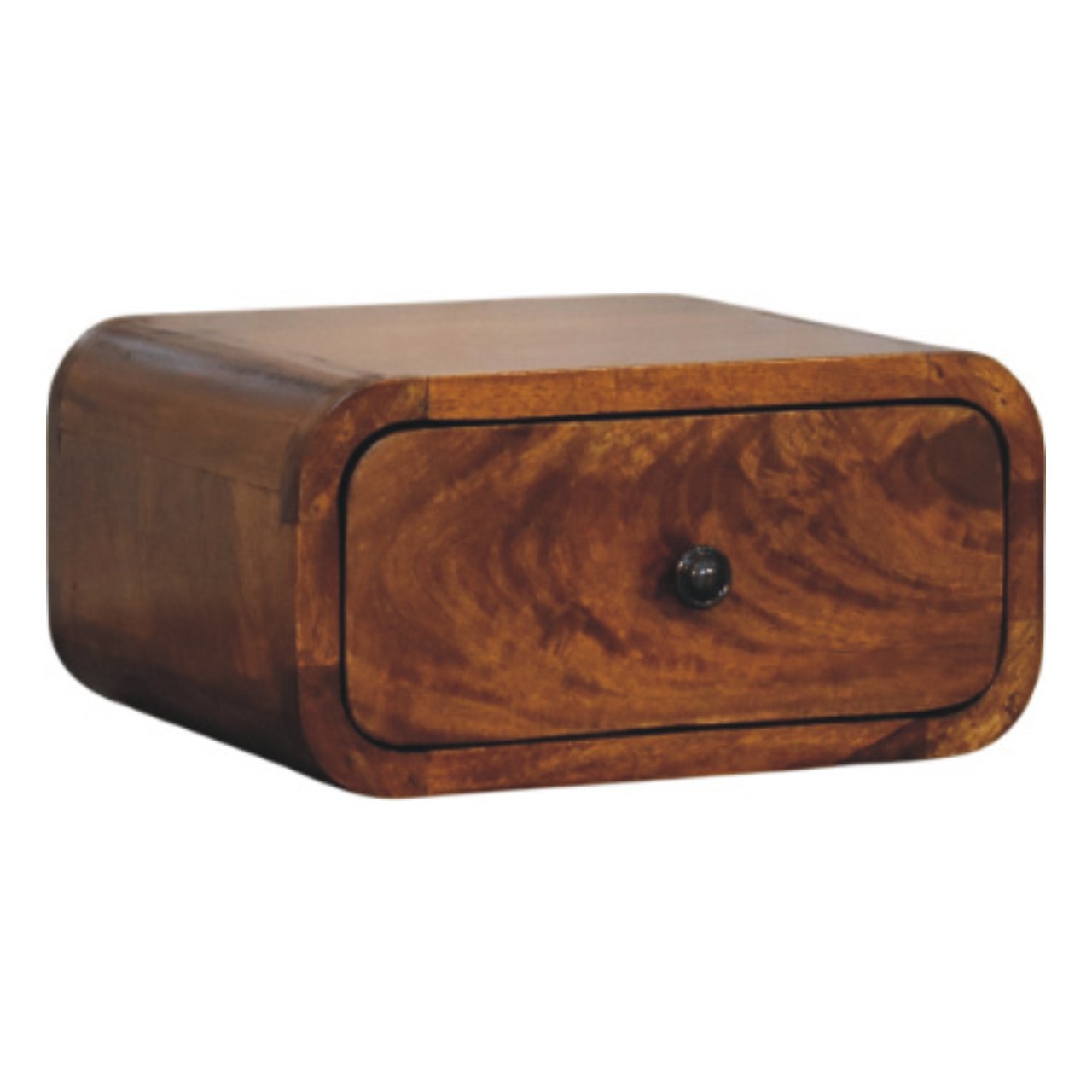 Left side view of Mini Wall-Mounted Chestnut Nightstand in solid mango wood with chestnut finish