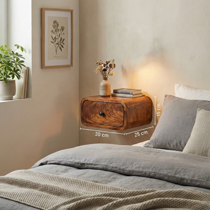 Mini Wall-Mounted Chestnut Nightstand with dimensions: 15 cm height, 30 cm width, 25 cm depth