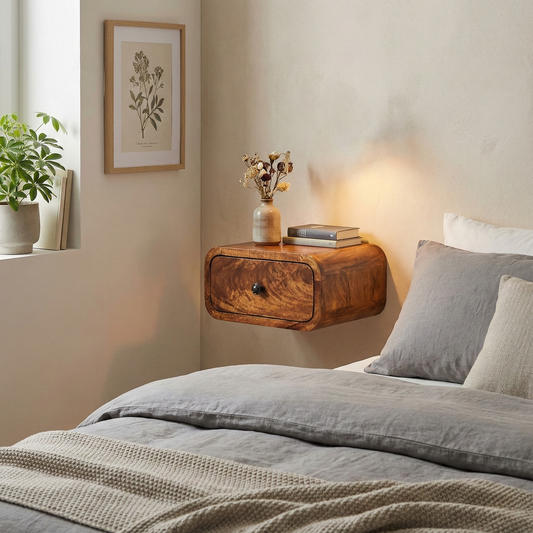 Mini Wall-Mounted Chestnut Nightstand styled in a bedroom or living area interior
