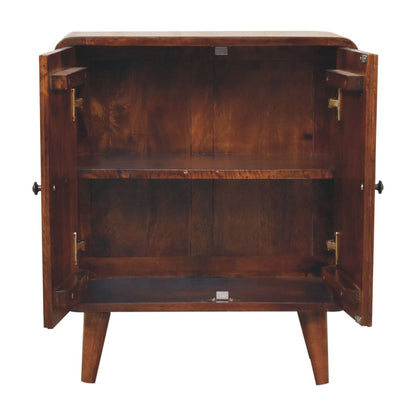 Wooden cabinet with open doors on a white background