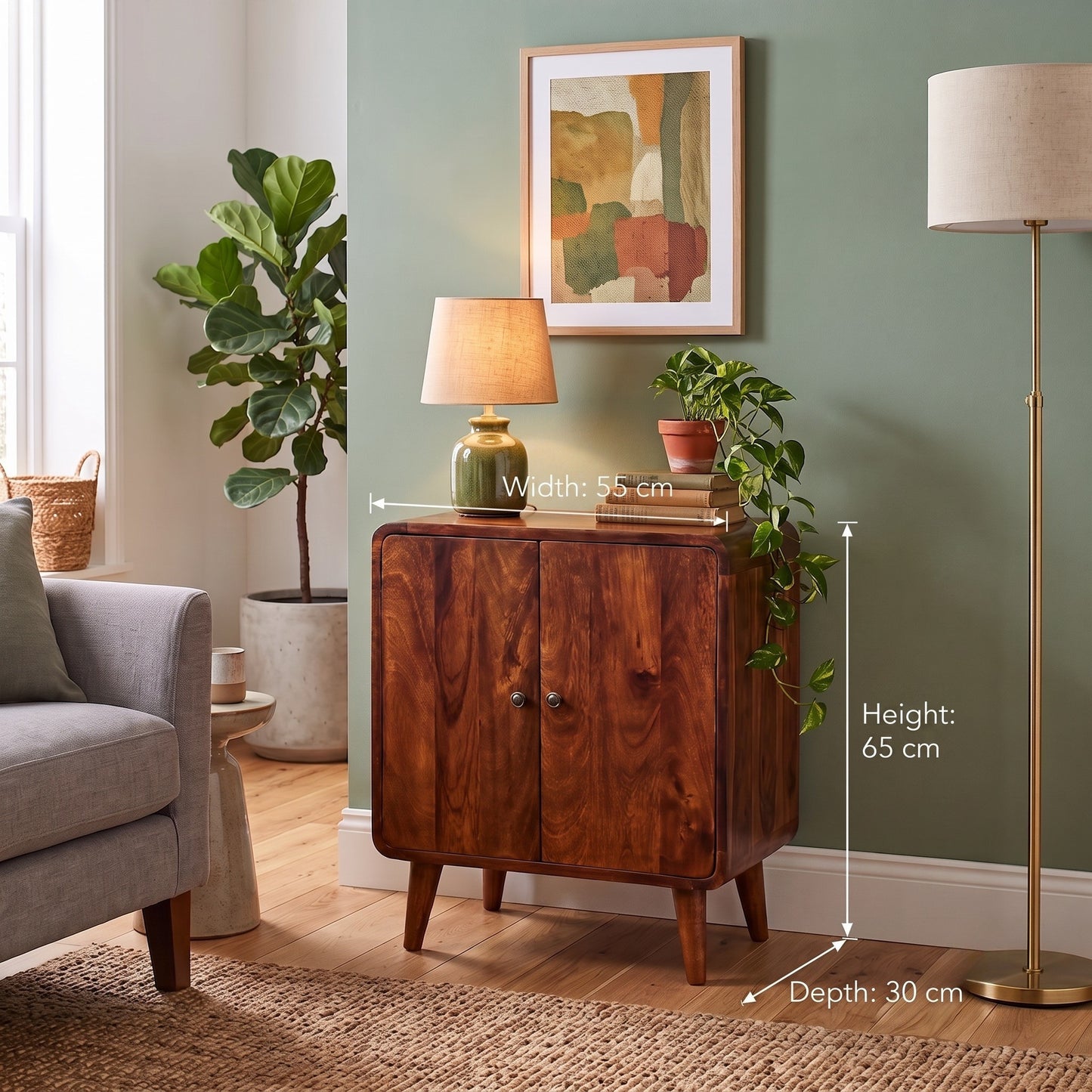 A wooden cabinet with two doors is shown in a styled living room setting with overlaid dimension lines indicating width 55 cm, height 65 cm, and depth 30 cm.