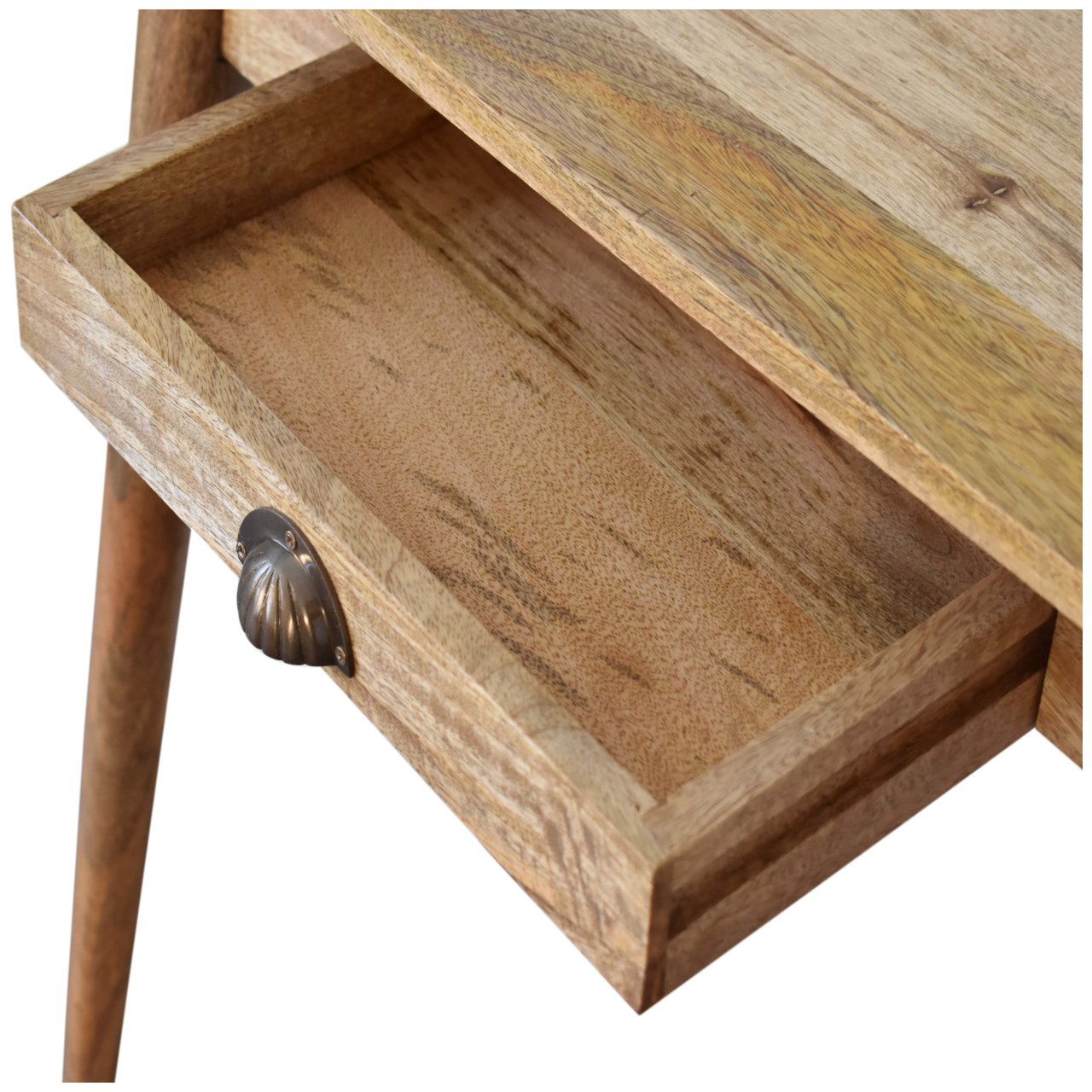 Upper front angle view of Mini Nordic Style Writing Desk with drawer open showing brass shell handle