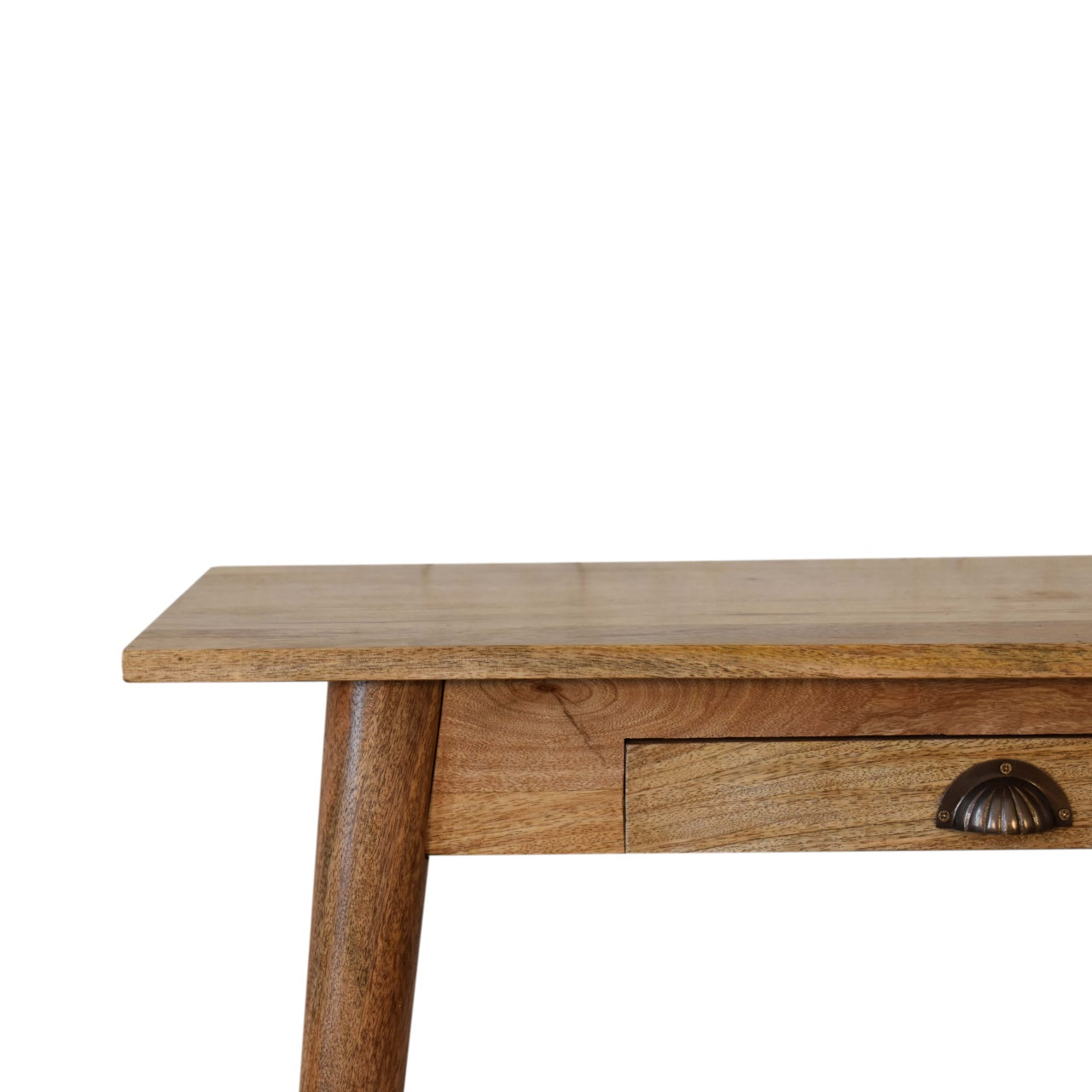 Close front view of Mini Nordic Style Writing Desk showing drawer and brass shell handle detail