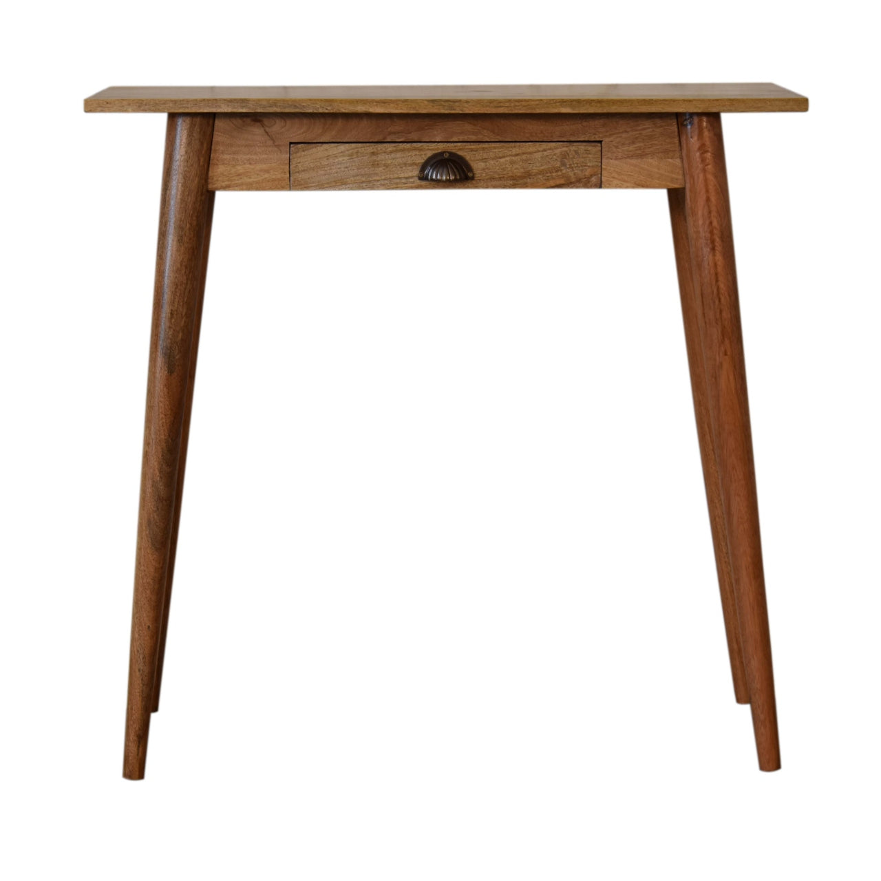 Front view of Mini Nordic Style Writing Desk in solid mango wood with oak finish