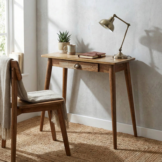 Mini Nordic Style Writing Desk in solid mango wood with oak finish, styled in a home office setting
