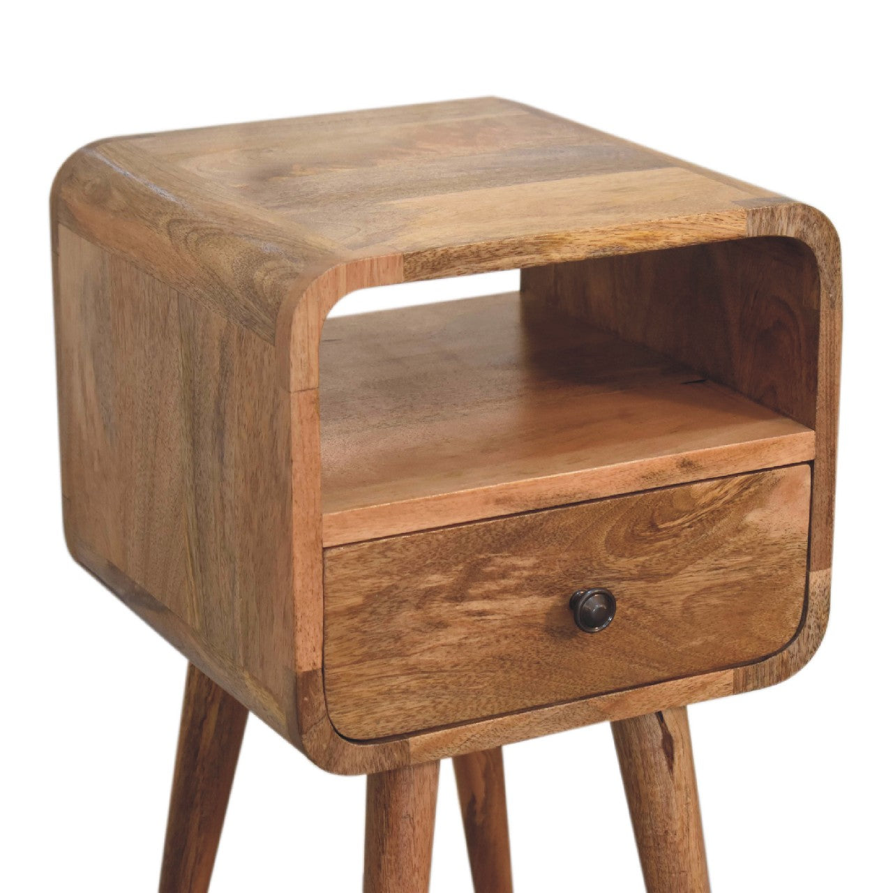 Close upper front left angle of Mini Oak Curve Open Bedside showing curved edges and oak finish