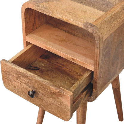 Close upper right angle of Mini Oak Curve Open Bedside with drawer open showing interior storage