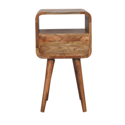 Back view of Mini Oak Curve Open Bedside in solid mango wood with oak finish