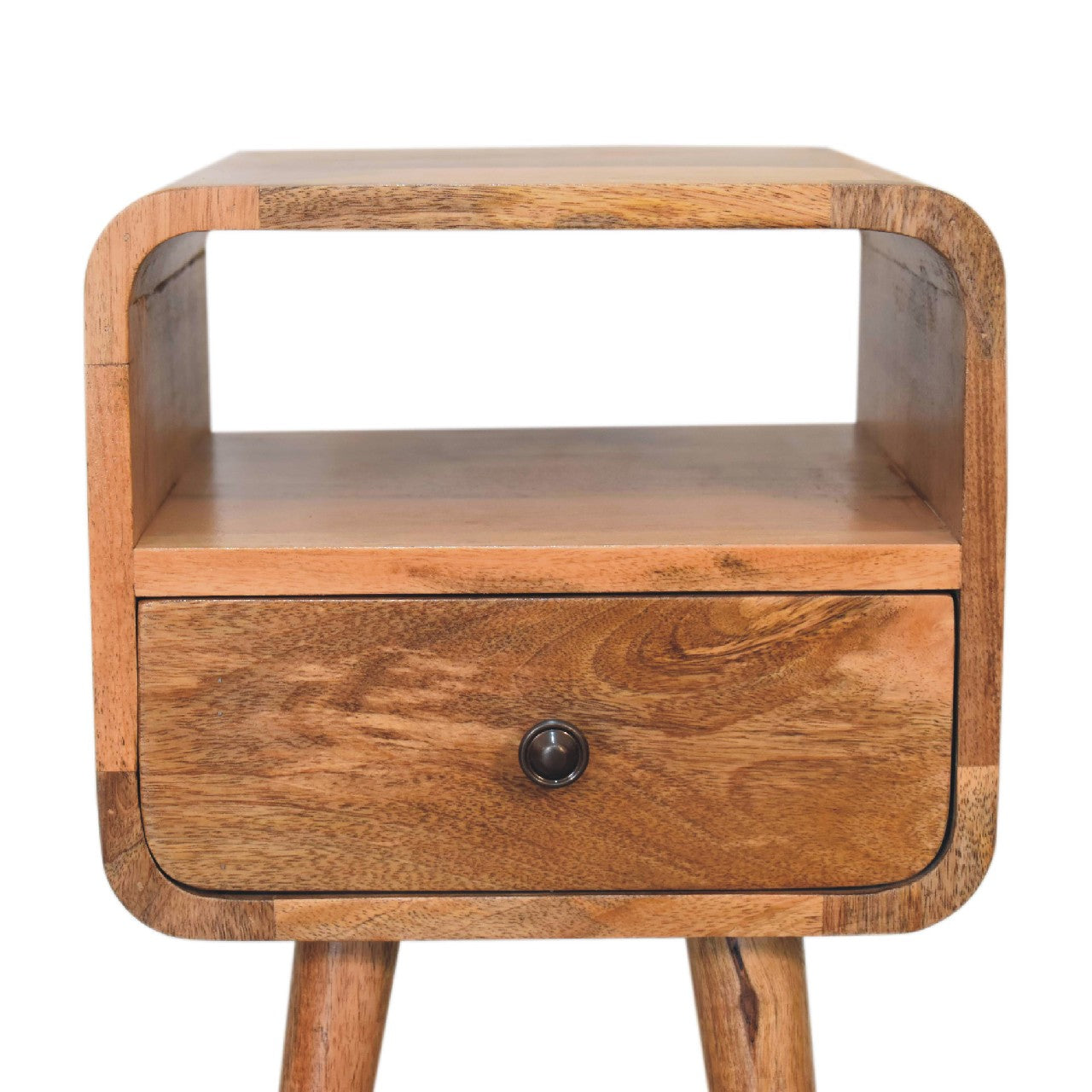 Close front view of Mini Oak Curve Open Bedside showing drawer and open slot detail