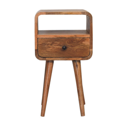 Front view of Mini Oak Curve Open Bedside showing drawer, open slot and Nordic legs