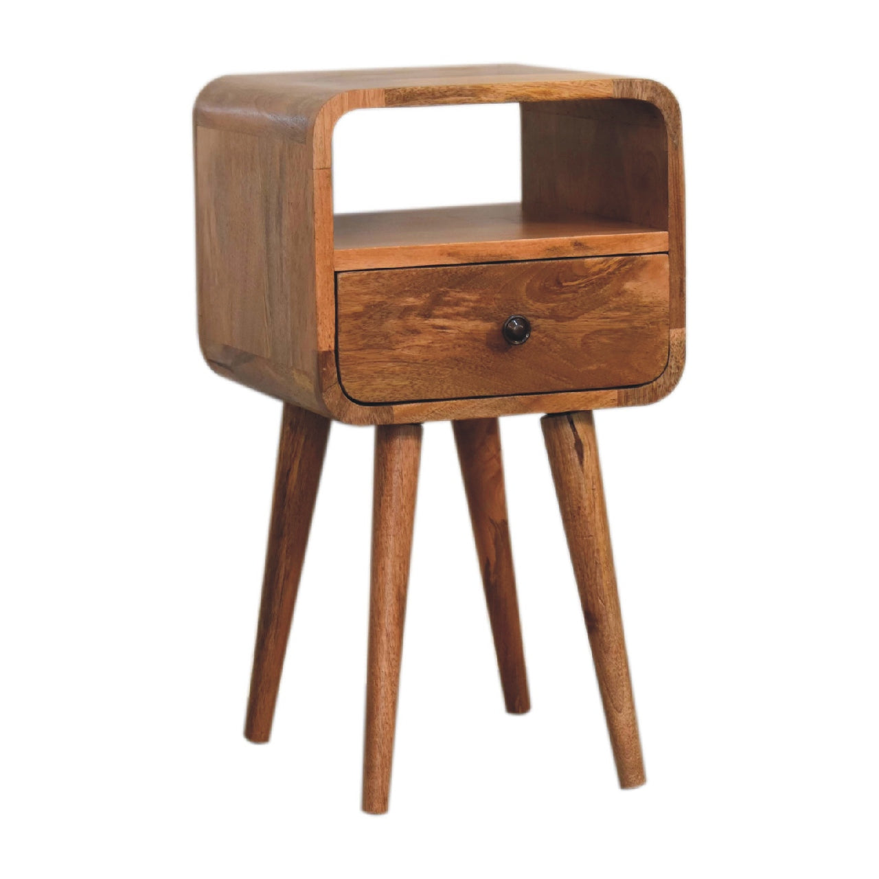 Left side view of Mini Oak Curve Open Bedside in solid mango wood with oak finish