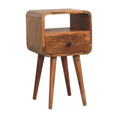 Left side view of Mini Oak Curve Open Bedside in solid mango wood with oak finish