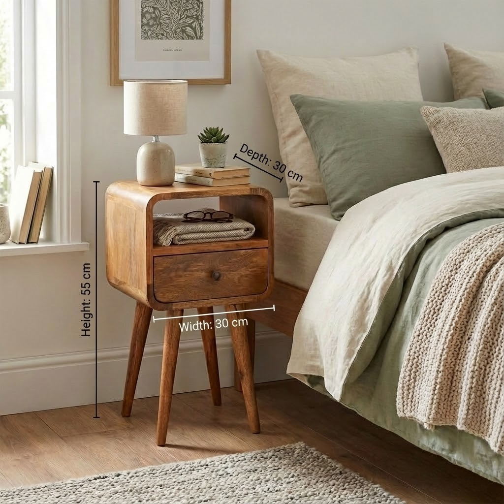 Mini Oak Curve Open Bedside with dimensions: 55 cm height, 30 cm width, 30 cm depth