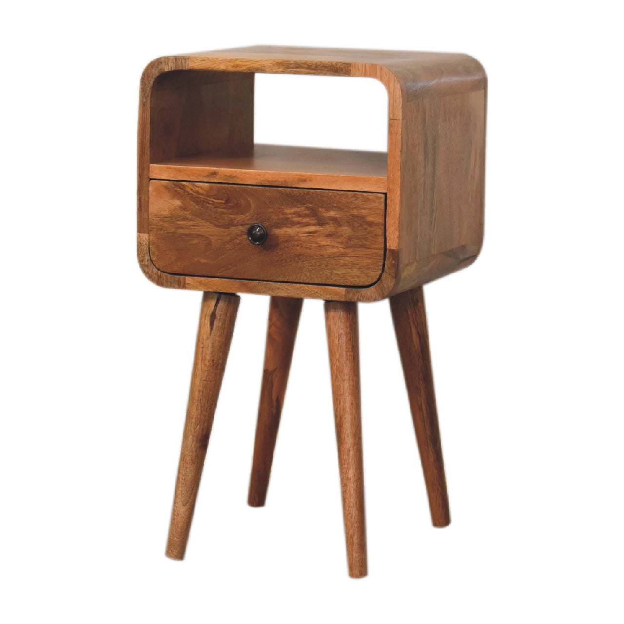 Right side view of Mini Oak Curve Open Bedside showing curved edges and Nordic legs