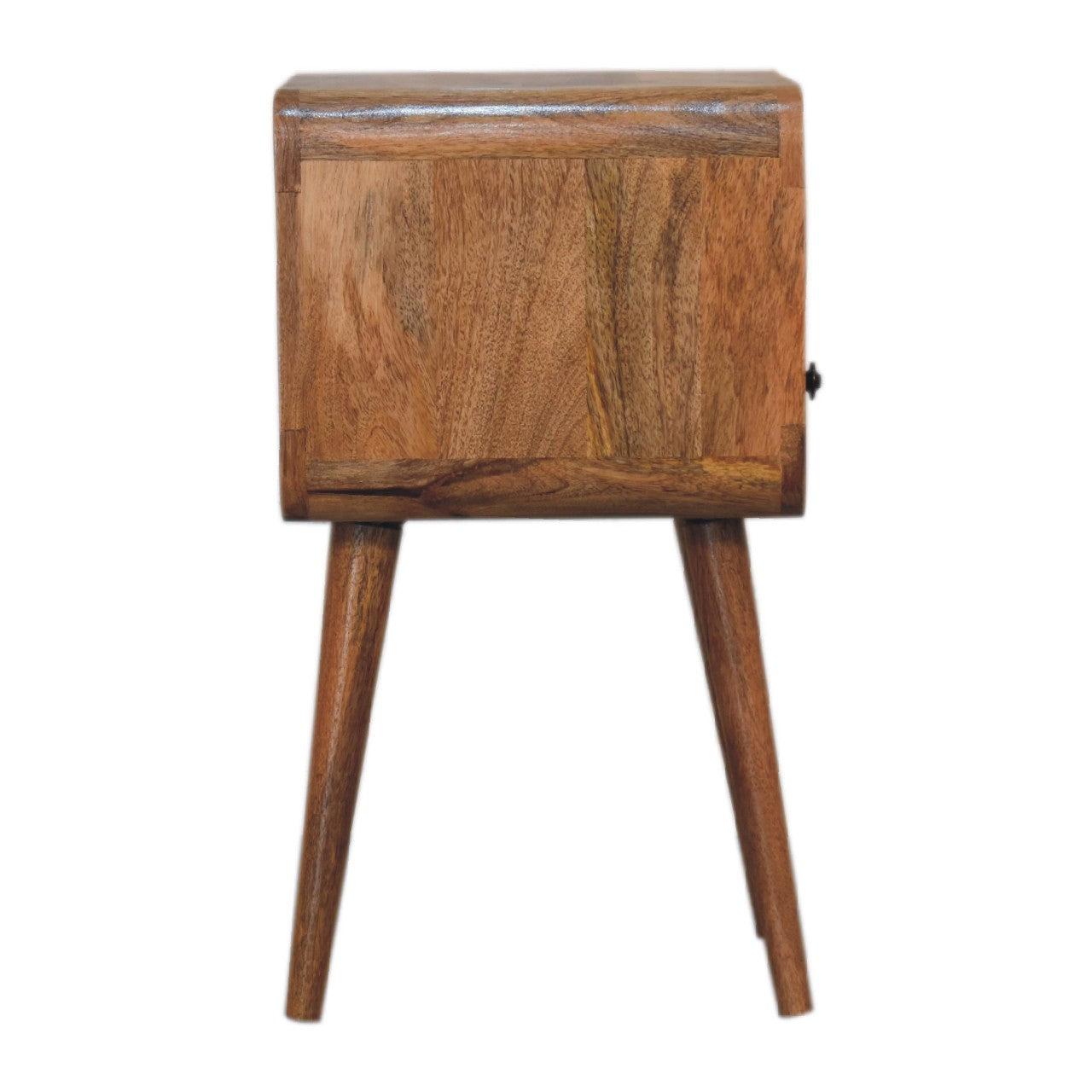 Side profile of Mini Oak Curve Open Bedside showing full height and Nordic legs