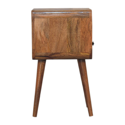 Side profile of Mini Oak Curve Open Bedside showing full height and Nordic legs