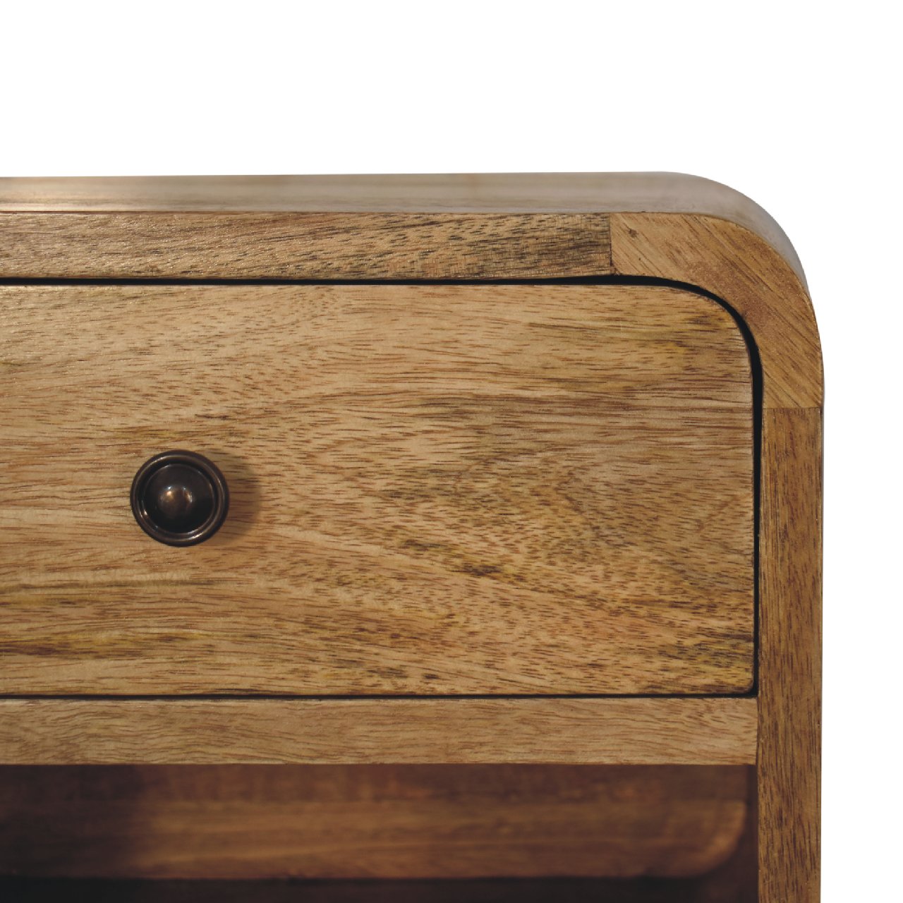 Close front right angle of Mini Oak Floating Open Bedside showing drawer and open slot detail