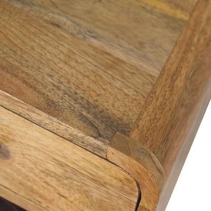 Close upper right angle of Mini Oak Floating Open Bedside showing oak finish and wood grain detail