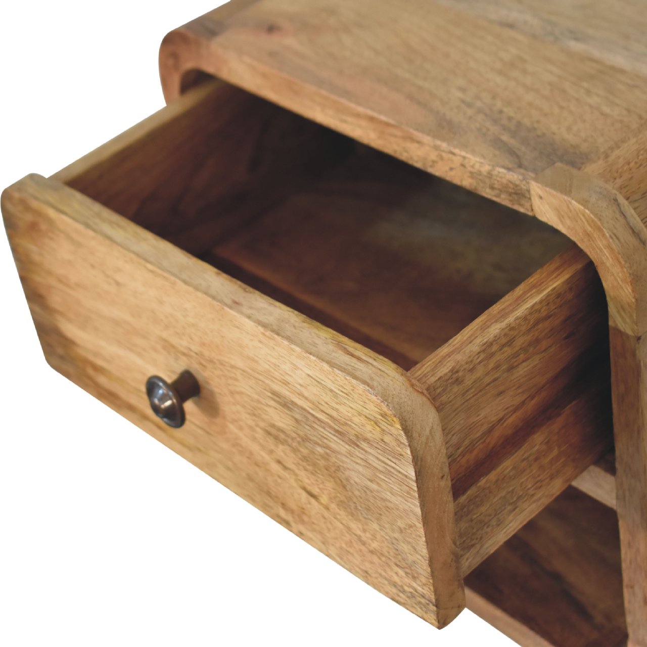 Upper right angle view of Mini Oak Floating Open Bedside with drawer open showing interior storage