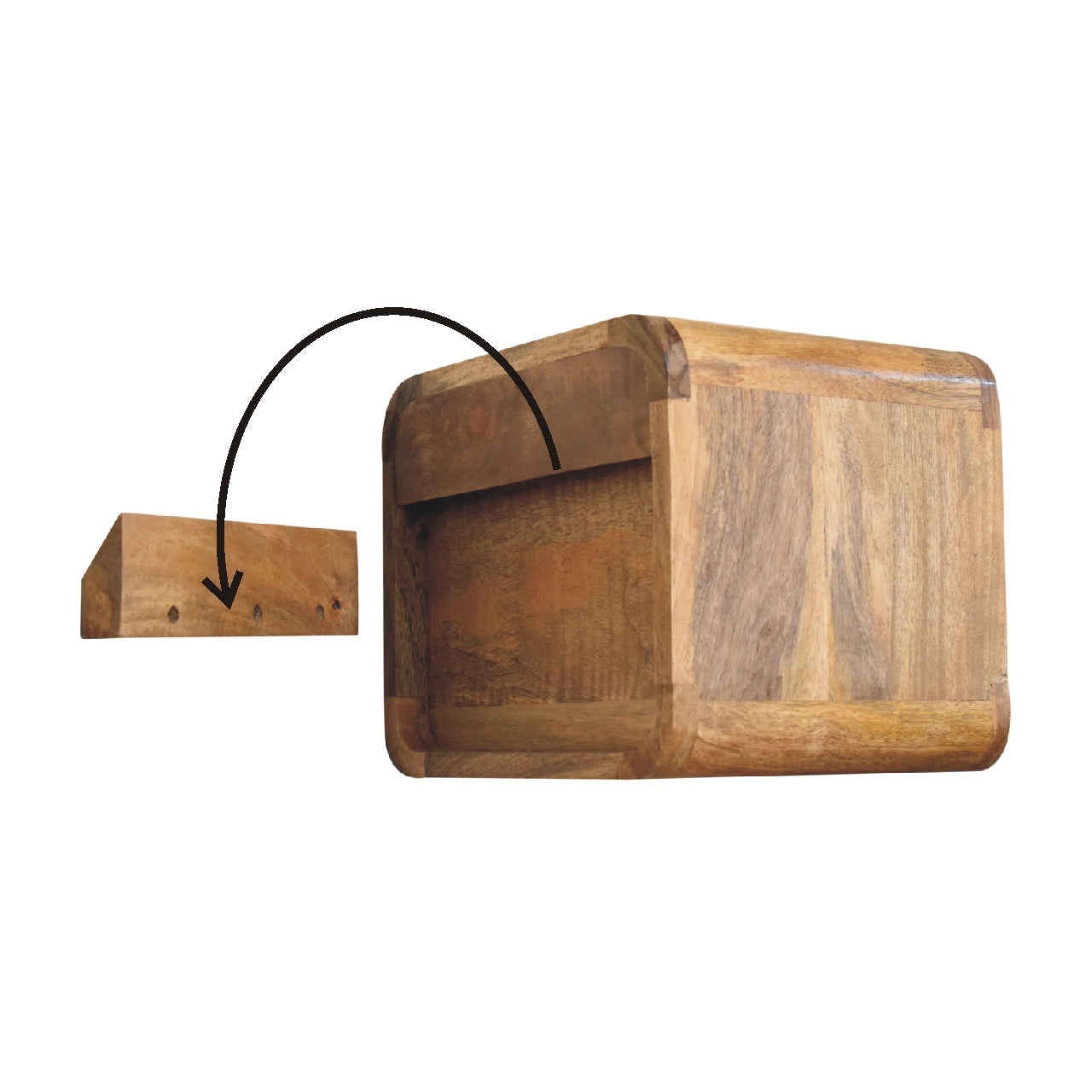 Back of Mini Oak Floating Open Bedside showing wall mounting instructions and fixings