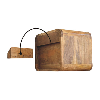 Back of Mini Oak Floating Open Bedside showing wall mounting instructions and fixings