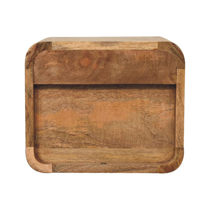 Back view of Mini Oak Floating Open Bedside in solid mango wood with oak finish