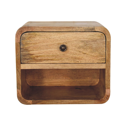 Front view of Mini Oak Floating Open Bedside showing drawer and open slot